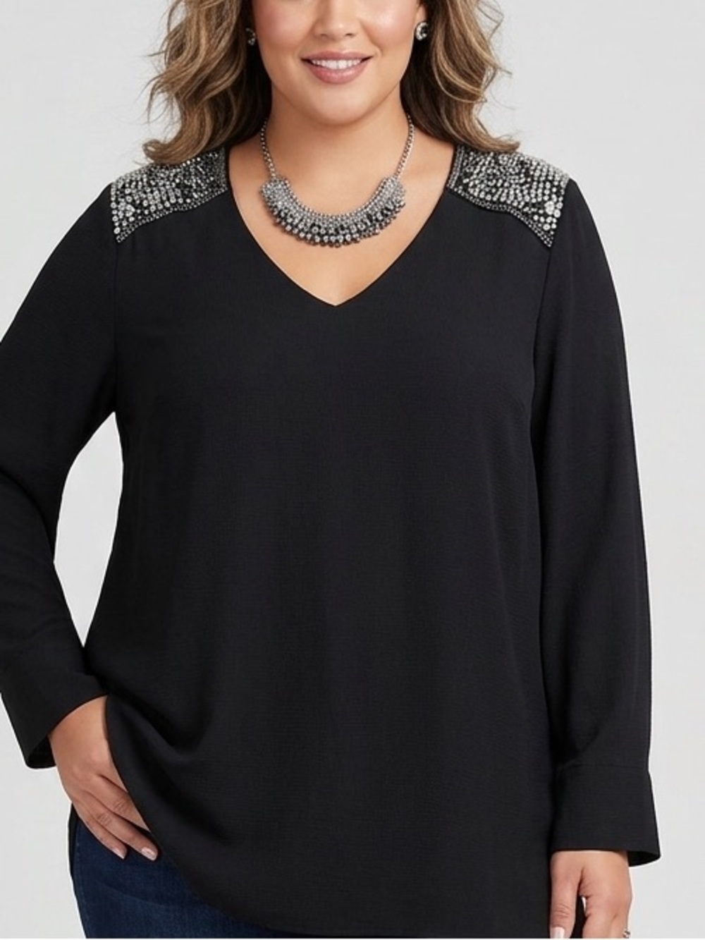 Melissa McCarthy SEVEN7 Black Beaded Shoulder Blouse 0X